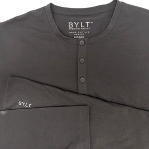 BYLT Premium Basics Mens Medium Drop Cut Long Sleeve Henley Charcoal Gray
